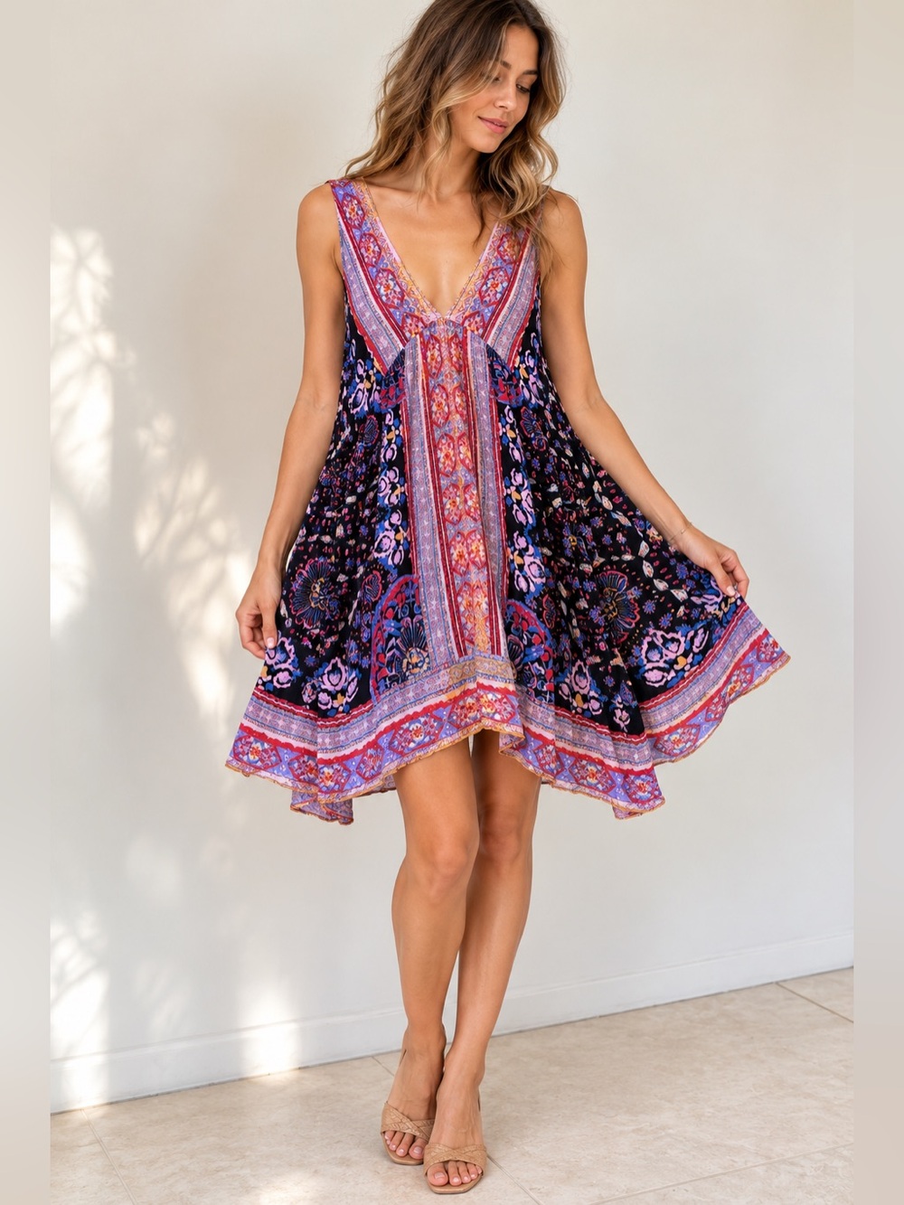 Free People Gypsy Trapeze Slip Dress Size S Boho Floral Paisley Mini Dress - Picture 1 of 9